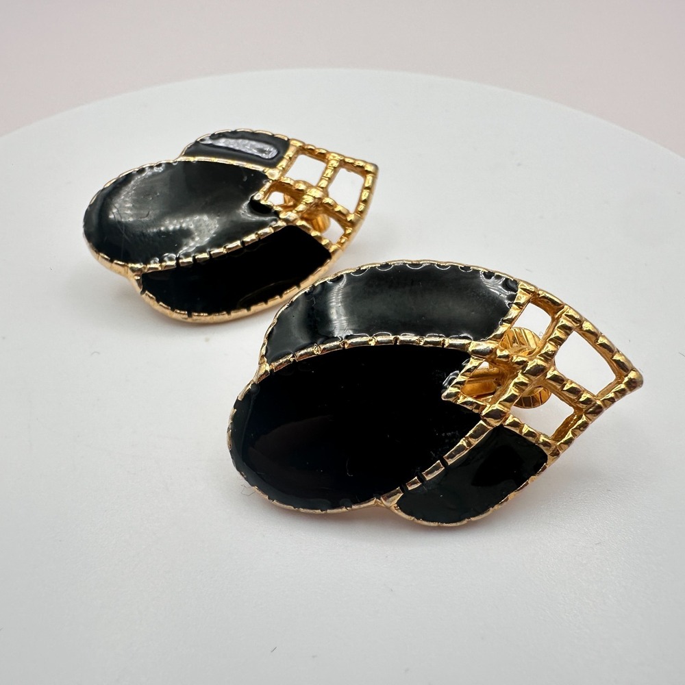 Vintage 90s Gold Tone Black Enamel Teardrop Earrings Women's Jewelry